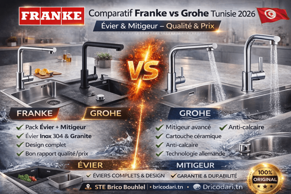 Découvrez le comparatif Franke vs Grohe en Tunisie : éviers inox/granit, mitigeurs design, prix 2026, performance, entretien et conseils d’achat.