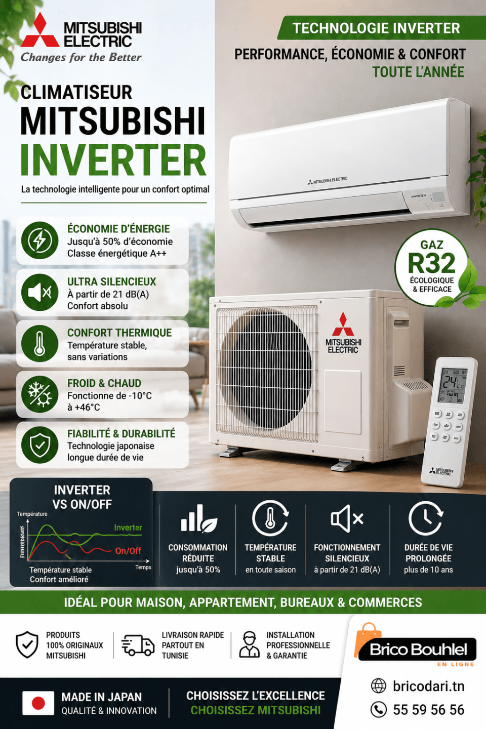 climatiseur Mitsubishi inverter R32 silencieux économique unité intérieure extérieure
