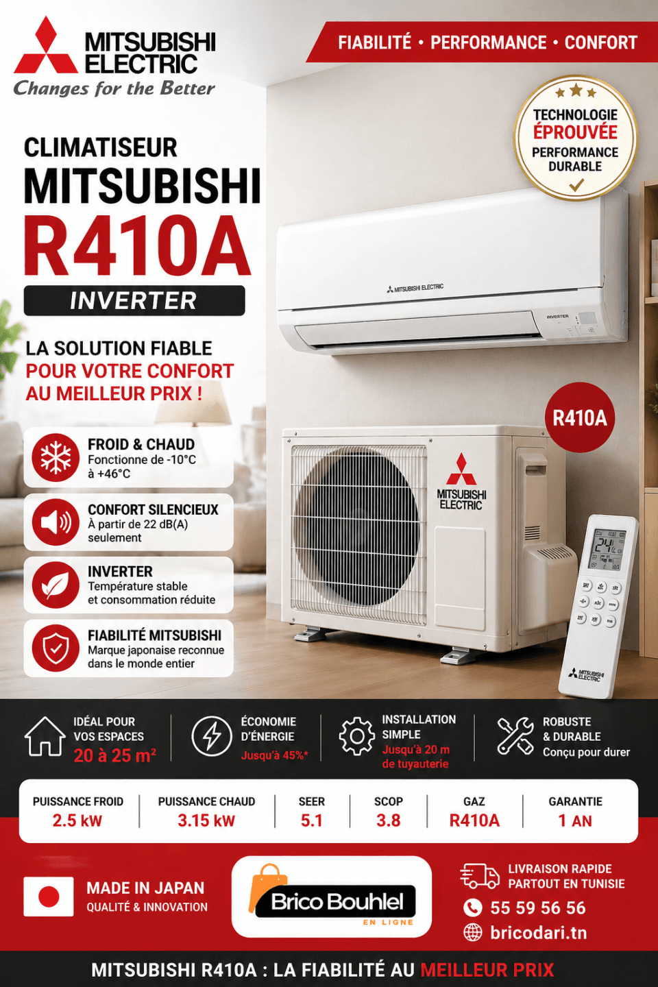 climatiseur Mitsubishi R410A inverter unité intérieure extérieure fiable Tunisie