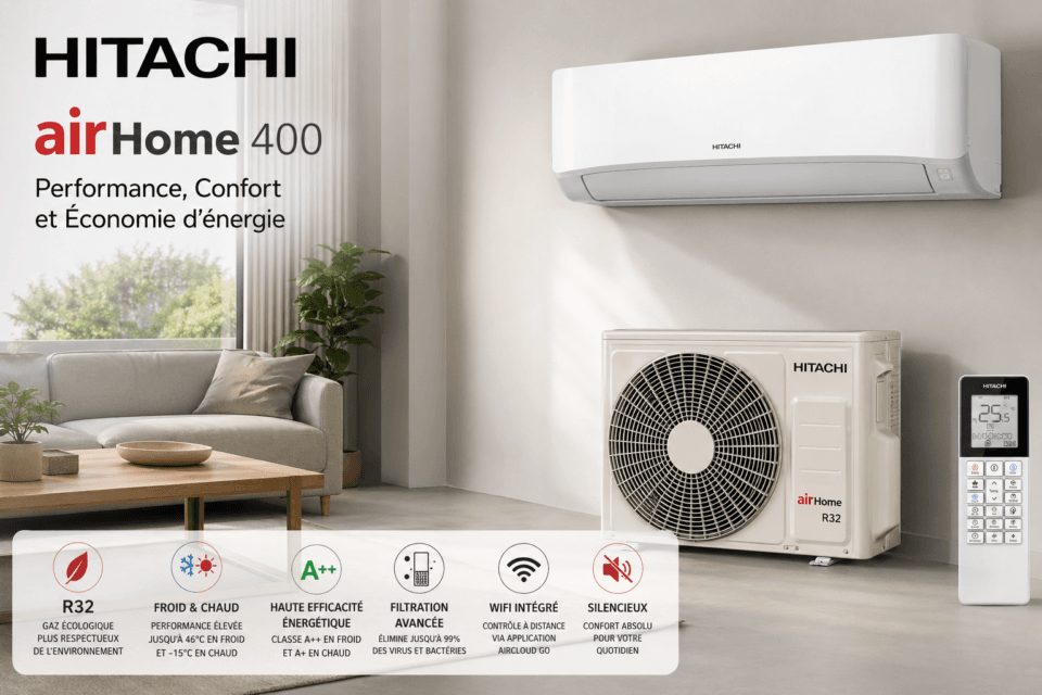 Climatiseur Hitachi AirHome 400 Inverter en Tunisie avec unité intérieure et extérieure