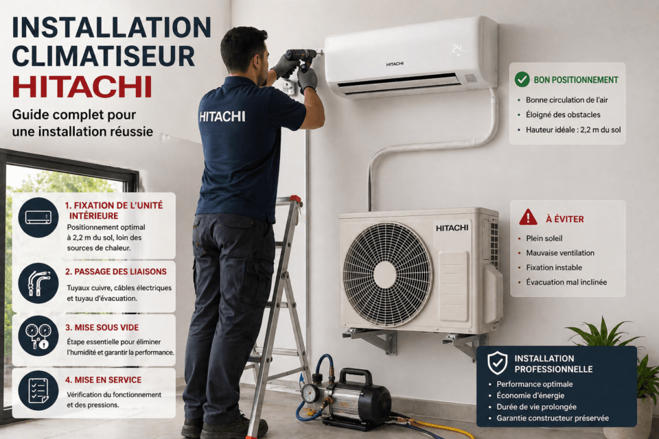 Installation climatiseur Hitachi unité intérieure et extérieure en Tunisie