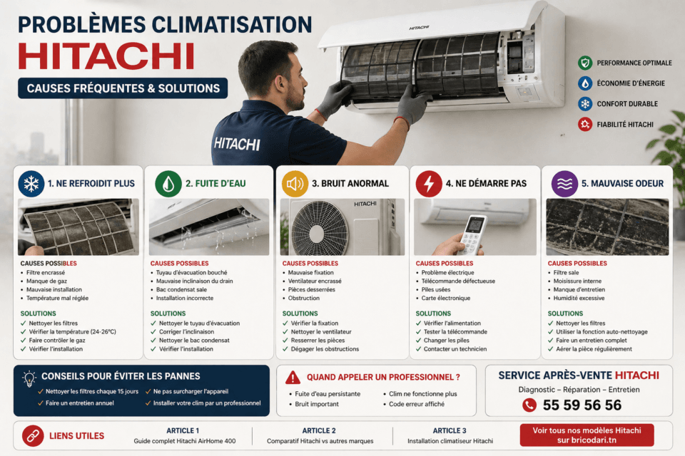 Problème climatiseur Hitachi dépannage fuite bruit entretien Tunisie