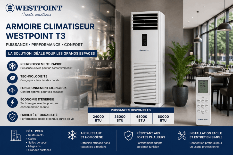 Armoire climatiseur Westpoint T3 installée dans un espace commercial moderne en Tunisie