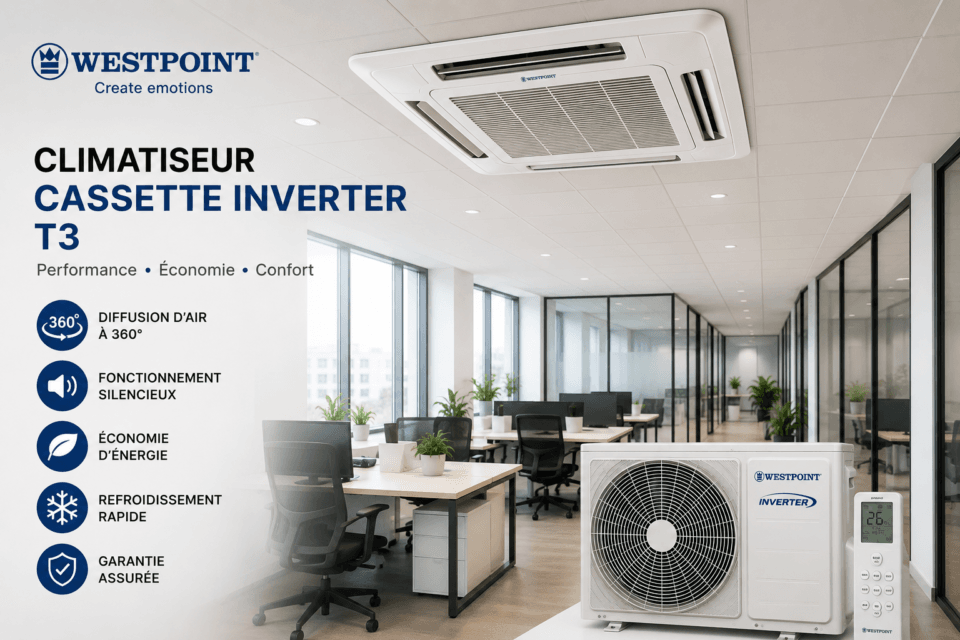 Climatiseur cassette Westpoint Inverter T3 installé dans un bureau moderne en Tunisie