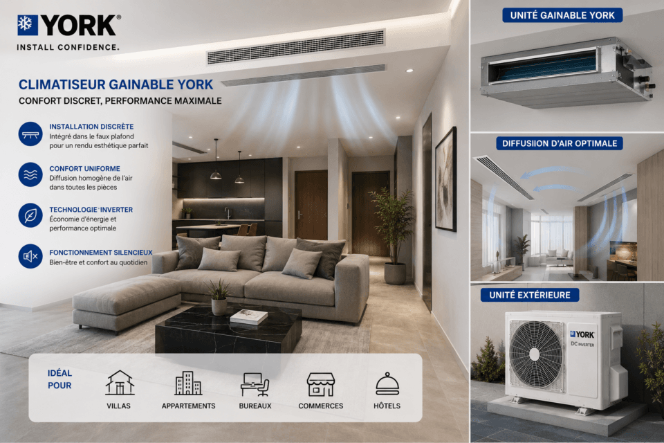 Climatiseur gainable YORK intégré dans faux plafond avec diffusion d’air discrète et uniforme