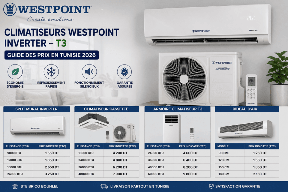 Prix climatiseur Westpoint Inverter en Tunisie avec guide des puissances BTU et modèles T3