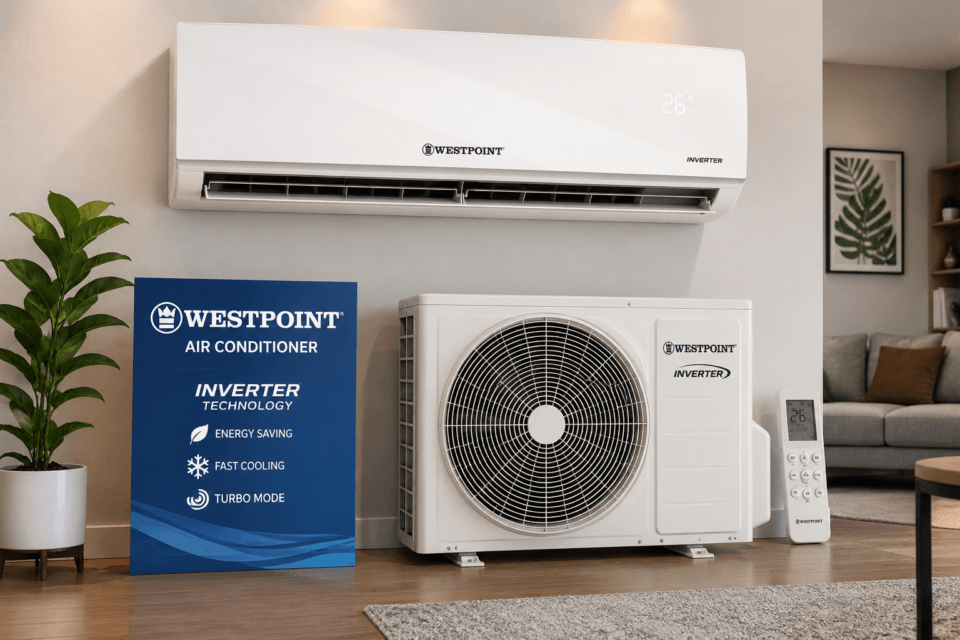 Climatiseur Westpoint Inverter T3 installé dans un salon moderne en Tunisie avec unité extérieure et télécommande